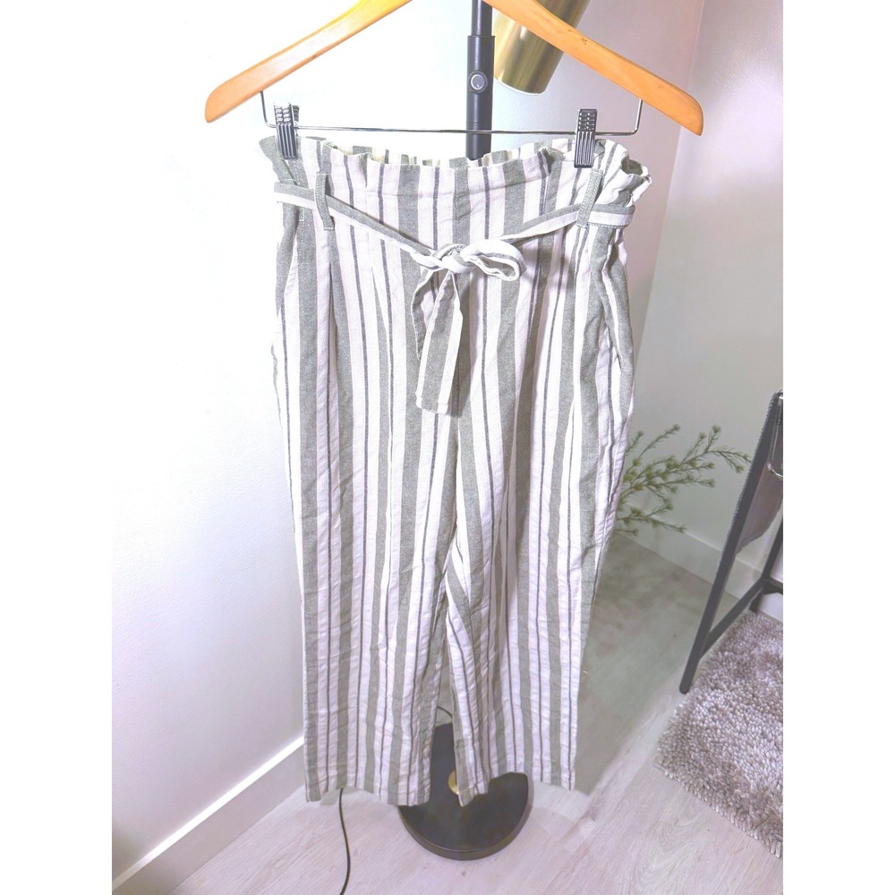 Ci Sono Linen Collection Sage Green Striped Paperbag Waist Wide Leg Pants Large